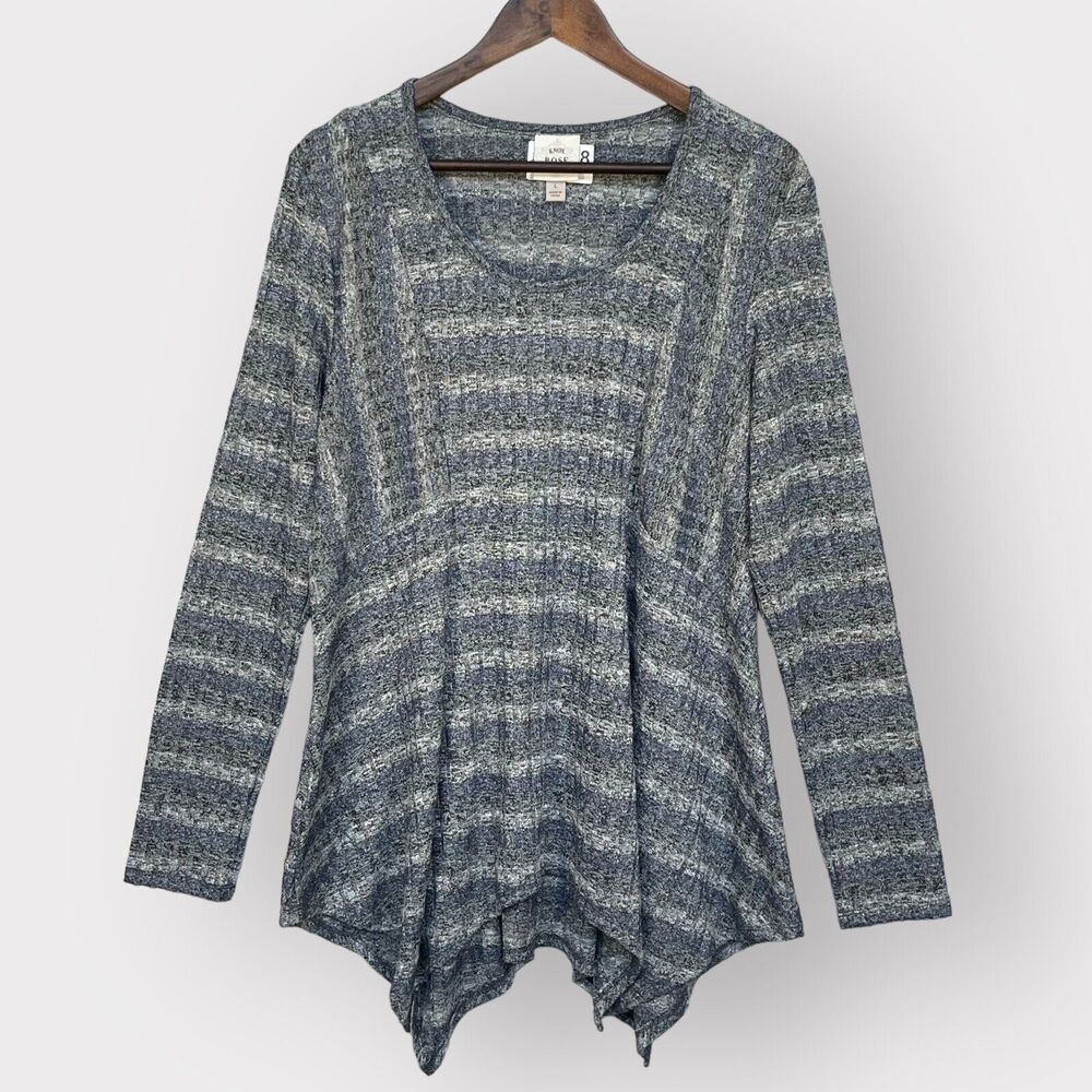 Knox Rose Ribbed Tunic Top Women Size L Gray Blue Striped Long Sleeve Scoop Neck